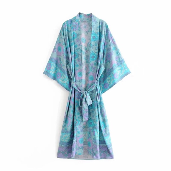 SOLD OUT Boho Floral Blue & Purple Maxi Kimono Duster - Picture 2 of 4